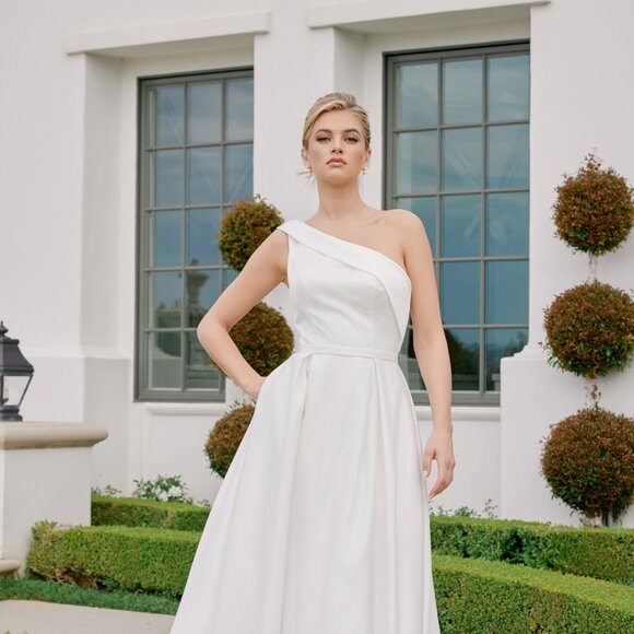 New A-Line Maxi Bridal Satin Dress w/ Asymmetrcial Neck & Side Pockets NX E469 - Picture 4 of 9